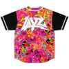 Neon acid trip jersey back view with oversized white LAYZ lettering and black trimmed sleeves