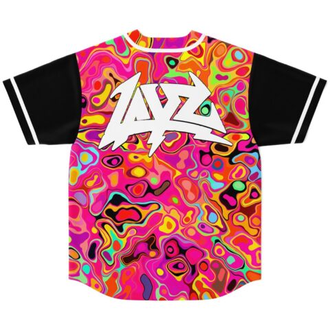 Neon acid trip jersey back view with oversized white LAYZ lettering and black trimmed sleeves