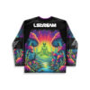 Back view of psychedelic mushroom forest with meditating alien and “PEACE LOVE UNITY” sleeve text