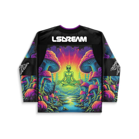 Back view of psychedelic mushroom forest with meditating alien and “PEACE LOVE UNITY” sleeve text