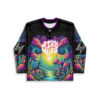 Front view of psychedelic mushroom forest with glowing river and “STAY WEIRD” lettering for festivals