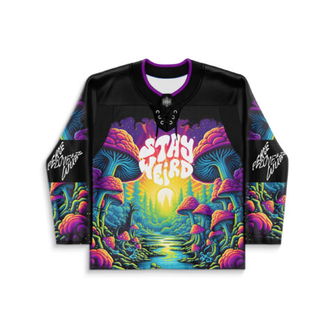 Front view of psychedelic mushroom forest with glowing river and “STAY WEIRD” lettering for festivals