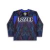 Neon paisley and botanical pattern with oversized white lettering, back view with blue collar