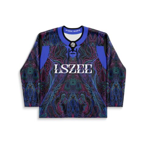 Neon paisley and botanical pattern with bold white lettering, front view of festival jersey