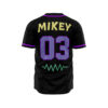 Black rave jersey back view showing MIKEY, purple 03, and green waveform graphic