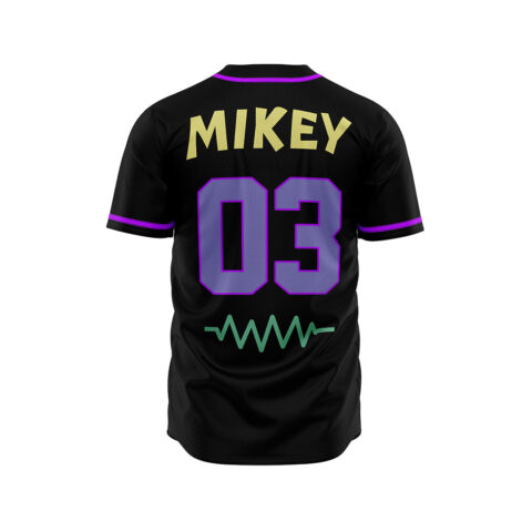 Black rave jersey back view showing MIKEY, purple 03, and green waveform graphic