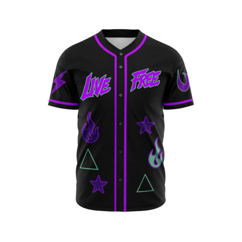 Black rave jersey with neon LIVE FREE lettering, flames, stars, triangles and lightning icons