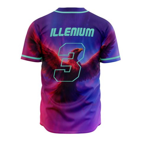 Rising phoenix back design with “ILLENIUM” text and outlined number 3 on a purple jersey
