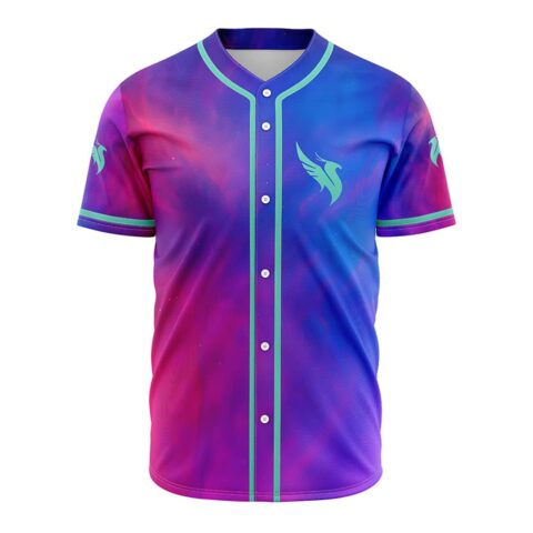 Purple-blue abstract gradient jersey front with lime phoenix emblem, teal trim, and button closure