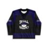Cartoon skull squad front with eye emblem, purple stripes, and black mesh, displayed flat