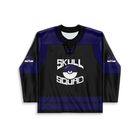Cartoon skull squad front with eye emblem, purple stripes, and black mesh, displayed flat