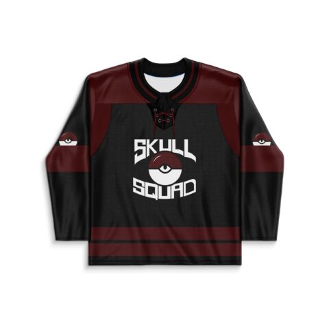 Black-and-burgundy eyeball graphic jersey front with lacing and readable “SKULL SQUAD” text