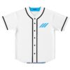 White jersey with three blue diagonal stripes and black trim, front view on white background