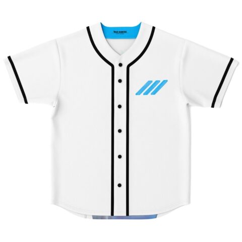 White jersey with three blue diagonal stripes and black trim, front view on white background
