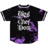 Purple ink marbling on a black jersey with ornate white gothic lettering, back view