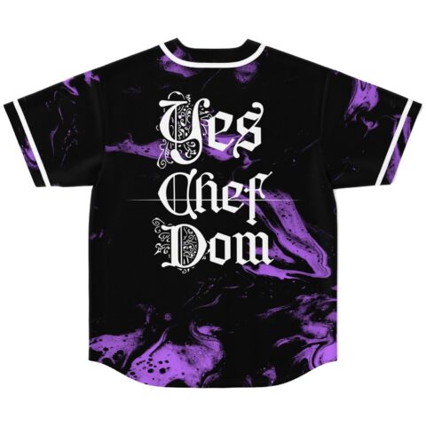 Purple ink marbling on a black jersey with ornate white gothic lettering, back view