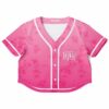 Pink rave cropped baseball jersey with a floral design and text