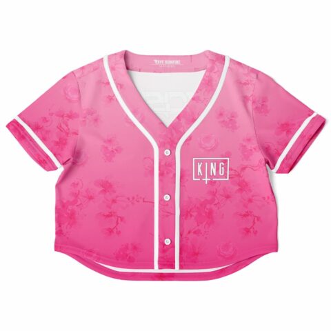 Pink cropped baseball jersey with floral design and text