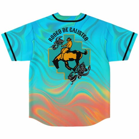 Turquoise neon swirl jersey back with cowboy rider, floral accents, and “Rodeo de Galisteo” lettering