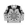 Black and white alien mandala hockey jersey, “STAY WEIRD” sleeves and lace-up front, front view