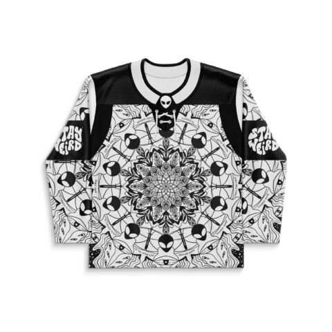 Black and white alien mandala hockey jersey, “STAY WEIRD” sleeves and lace-up front, front view