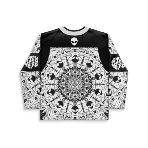 Black and white alien mandala pattern jersey, “STAY WEIRD” sleeves and alien emblem, back view
