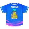 Cartoon alien UFO skeleton design on royal blue, starry back with vivid purple-pink cloud border