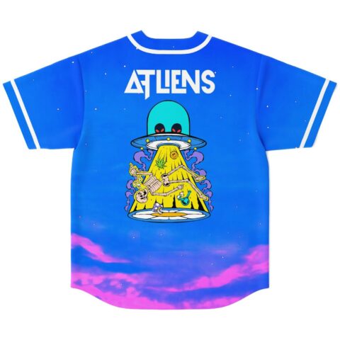 Cartoon alien UFO skeleton design on royal blue, starry back with vivid purple-pink cloud border