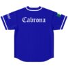 Deorro fan royal blue rave baseball jersey with white gothic lettering and striped sleeves, back view
