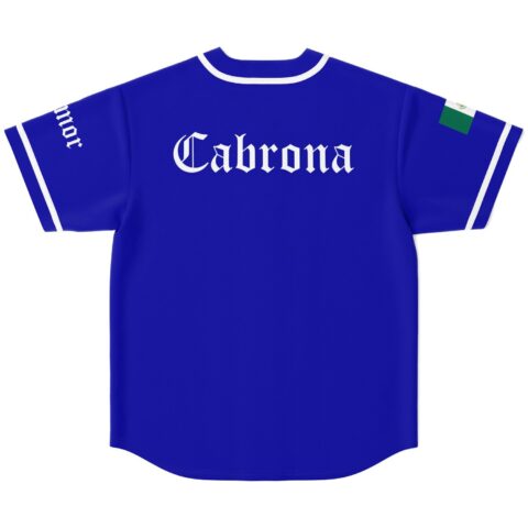 Royal blue dripping panda jersey back with white gothic lettering and striped sleeves