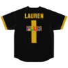 Black retro cross design with “LAUREN” and multicolor “PLUR” lettering, back view