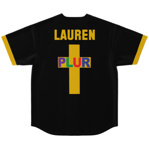 Black retro cross design with “LAUREN” and multicolor “PLUR” lettering, back view