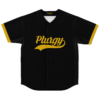 Black retro baseball jersey featuring gold script “Plur” and sweeping underline, front view