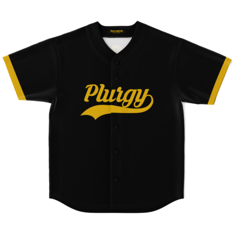 Black retro baseball jersey featuring gold script “Plur” and sweeping underline, front view