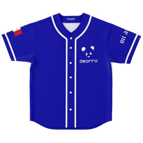 Royal blue dripping panda jersey front with white panda face graphic, buttons, and striped trim