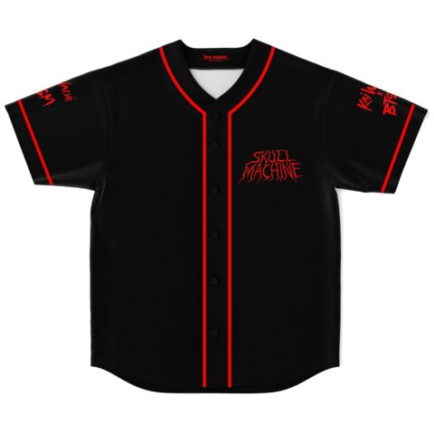 Black rave jersey front with red piping, button closure, and SKULL MACHINE chest lettering