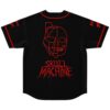 Black geometric half-skull design with red SKULL MACHINE lettering, back view on a rave jersey