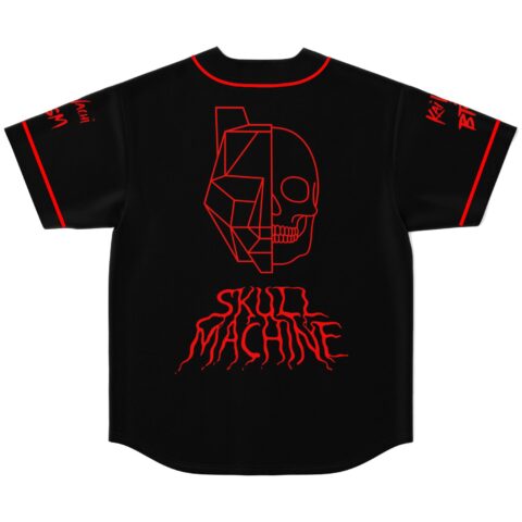 Black geometric half-skull design with red SKULL MACHINE lettering, back view on a rave jersey