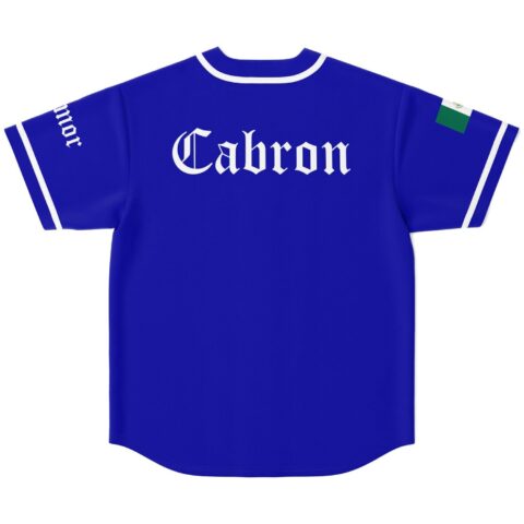 Royal blue jersey with bold Gothic lettering and white trim, back view on white background