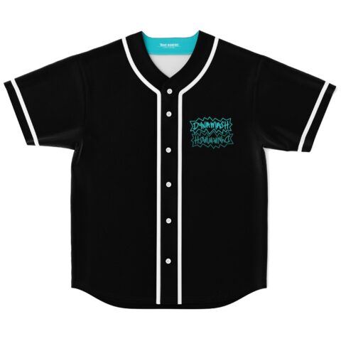 Graffiti-style black jersey front with turquoise DYNAMASH lettering and white piping against a clean background