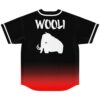Black-to-red gradient jersey featuring “WOOLI” text and woolly mammoth graphic, back view