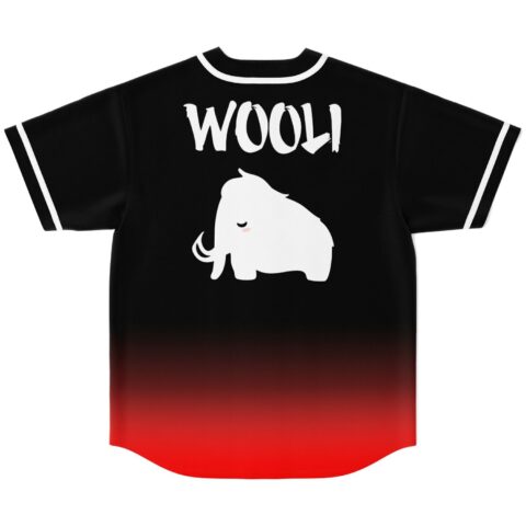 Black-to-red gradient jersey featuring “WOOLI” text and woolly mammoth graphic, back view