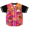 Neon acid trip jersey front with black sleeves, white piping, buttons, and readable LAYZ