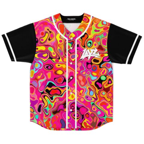 Neon acid trip jersey front with black sleeves, white piping, buttons, and readable LAYZ