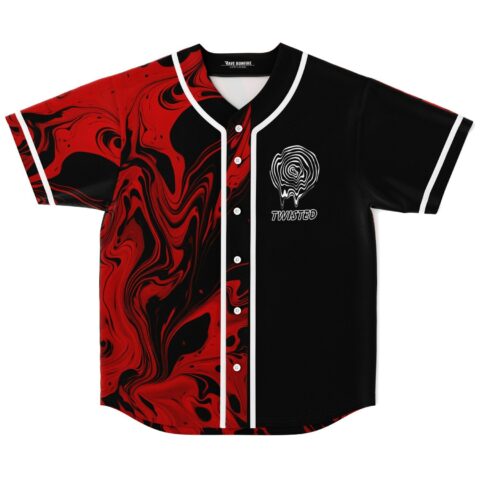 Red and black liquid swirl jersey front with TWISTED emblem and white piping