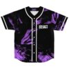 Black jersey with purple ink marbling, white piping, buttons, and stacked logo lettering, front view