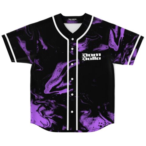 Black jersey with purple ink marbling, white piping, buttons, and stacked logo lettering, front view