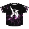 Black and purple liquid marble pattern jersey back with large white abstract emblem sleeve accents