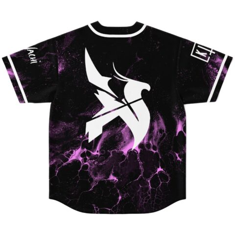 Black and purple liquid marble pattern jersey back with large white abstract emblem sleeve accents