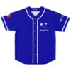 Deorro fan royal blue rave baseball jersey with dripping panda graphic, white trim and buttons, front view on white background